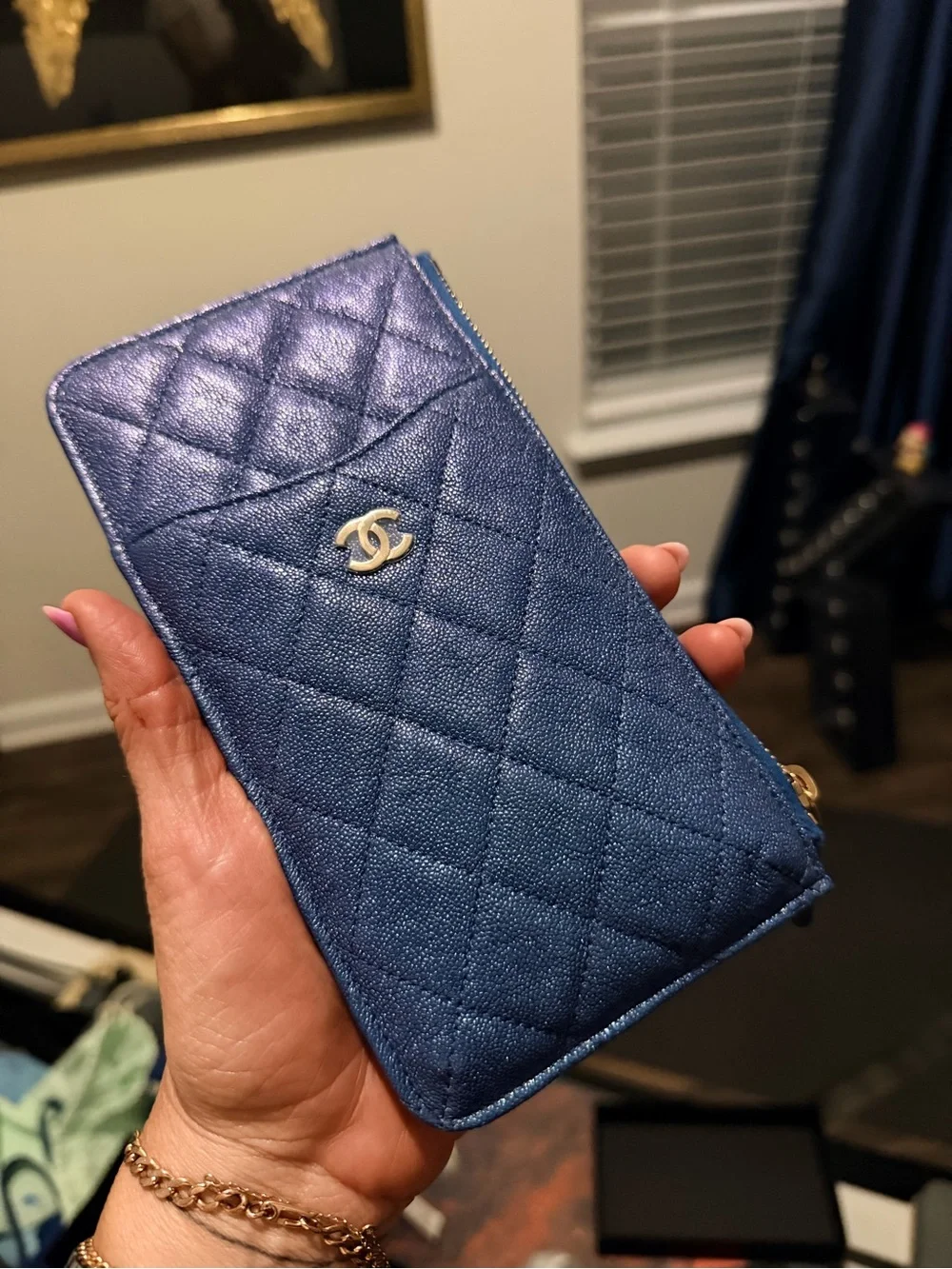 CHANEL Quilted Metallic Blue Zip Card Holder Wallet